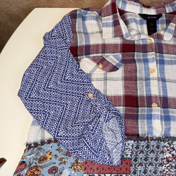 Ali Miles Patchwork Plaid Floral Oversized Boyfriend Shirt 3/4 Sleeves Sz Large - Picture 6 of 10